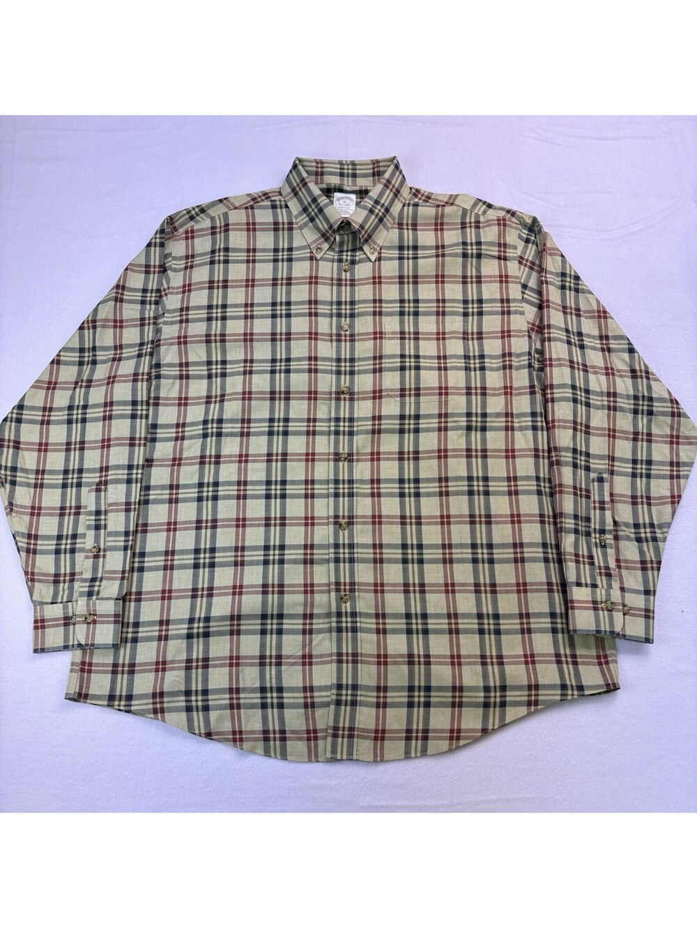 Vintage Brooks Brothers Madison Oxford Polo Button Up Shirt XL Tan Nova Check